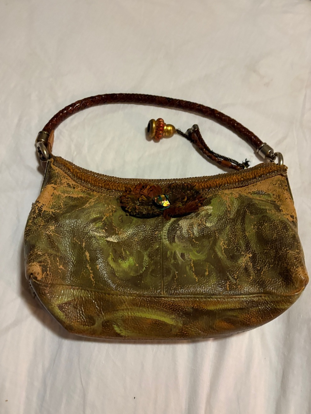 Vintage Fossil Olive Green and Brown Distressed Leather Mini Shoulder Bag